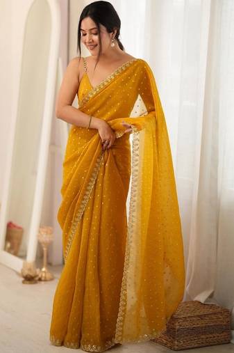 Yellow embellished embroidered poly georgette designer saree