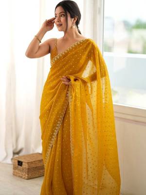 Yellow embellished embroidered poly georgette designer saree 2