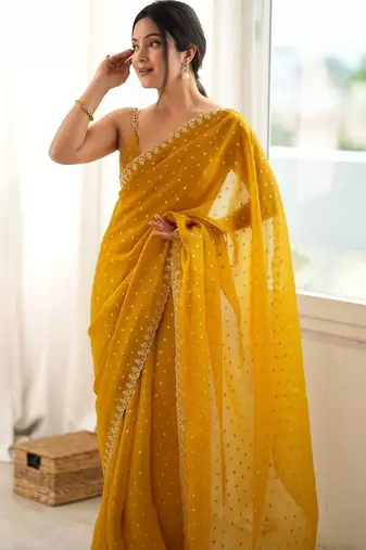 Yellow embellished embroidered poly georgette designer saree