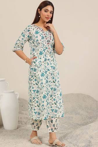 floral printed regular mirror work kurta with salwar