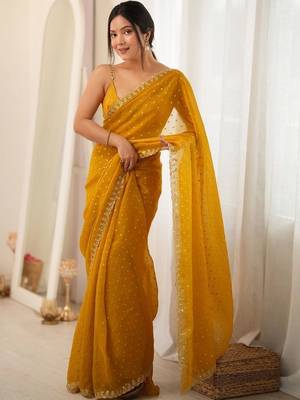 Yellow embellished embroidered poly georgette designer saree 3