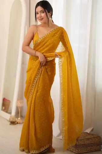 Yellow embellished embroidered poly georgette designer saree