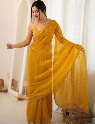 Yellow embellished embroidered poly georgette designer saree 4