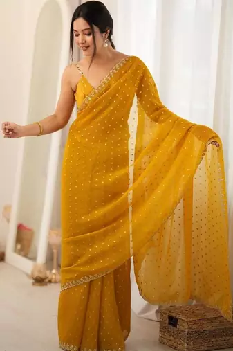 Yellow embellished embroidered poly georgette designer saree