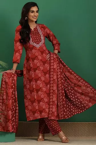 women ethnic motifs printed regular thread work kurta with trousers & with dupatta