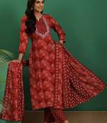 women ethnic motifs printed regular thread work kurta with trousers & with dupatta
