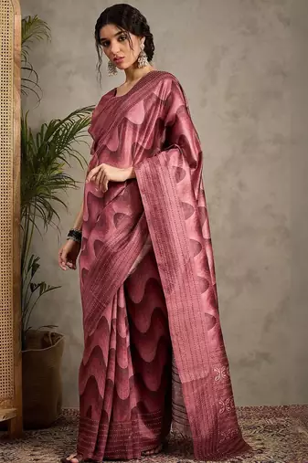Rose kantha work silk cotton tussar saree