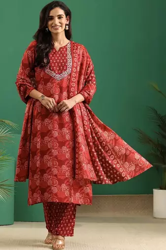 women ethnic motifs printed regular thread work kurta with trousers & with dupatta