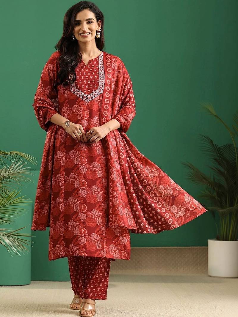 women ethnic motifs printed regular thread work kurta with trousers & with dupatta