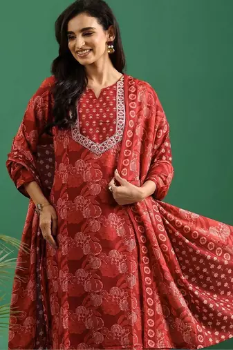 women ethnic motifs printed regular thread work kurta with trousers & with dupatta