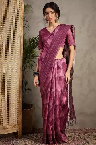 Magenta kantha work silk cotton tussar saree