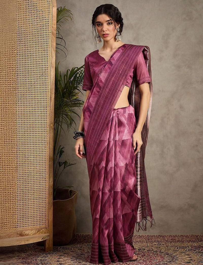 Magenta kantha work silk cotton tussar saree