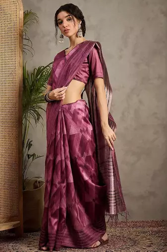 Magenta kantha work silk cotton tussar saree