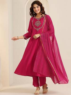 floral yoke design thread work a-line kurta with trousers & dupatta 1