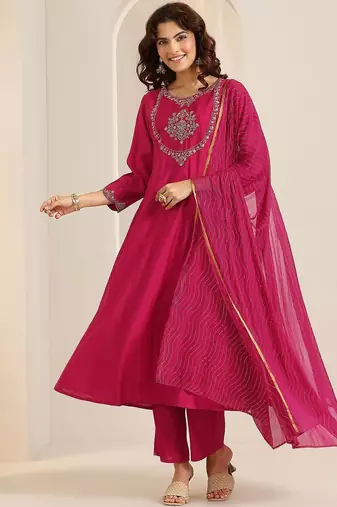 floral yoke design thread work a-line kurta with trousers & dupatta