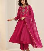 floral yoke design thread work a-line kurta with trousers & dupatta