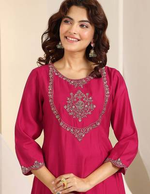 floral yoke design thread work a-line kurta with trousers & dupatta 2