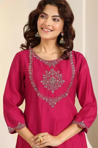floral yoke design thread work a-line kurta with trousers & dupatta