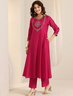 floral yoke design thread work a-line kurta with trousers & dupatta 3