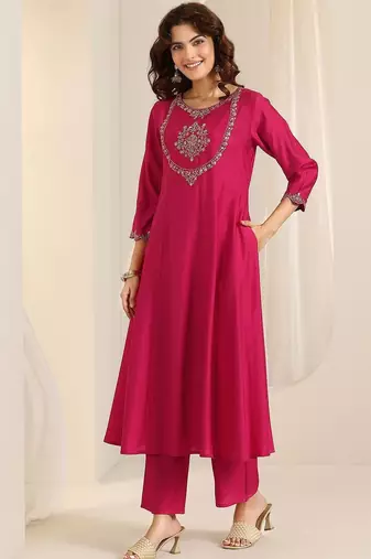 floral yoke design thread work a-line kurta with trousers & dupatta