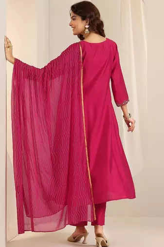 floral yoke design thread work a-line kurta with trousers & dupatta
