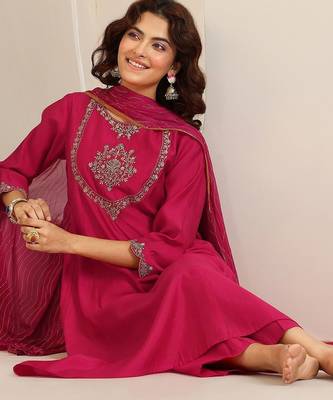 floral yoke design thread work a-line kurta with trousers & dupatta 5