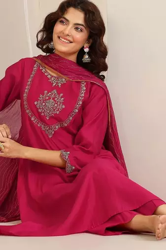floral yoke design thread work a-line kurta with trousers & dupatta