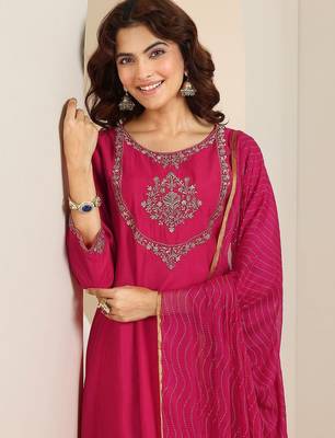 floral yoke design thread work a-line kurta with trousers & dupatta 6