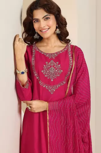 floral yoke design thread work a-line kurta with trousers & dupatta