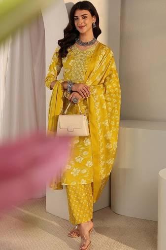 libas yellow floral printed straight suit set with dupatta