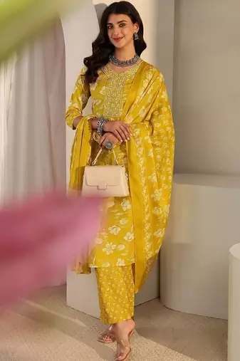 libas yellow floral printed straight suit set with dupatta