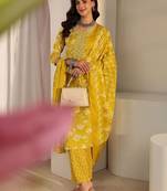 libas yellow floral printed straight suit set with dupatta