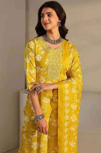 libas yellow floral printed straight suit set with dupatta