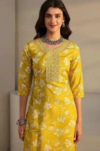 libas yellow floral printed straight suit set with dupatta