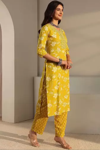 libas yellow floral printed straight suit set with dupatta
