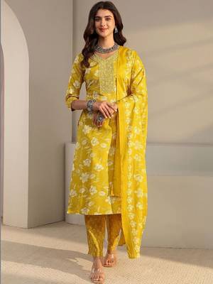 libas yellow floral printed straight suit set with dupatta 5