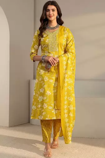 libas yellow floral printed straight suit set with dupatta