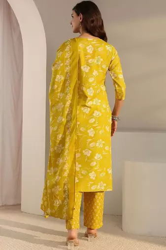 libas yellow floral printed straight suit set with dupatta