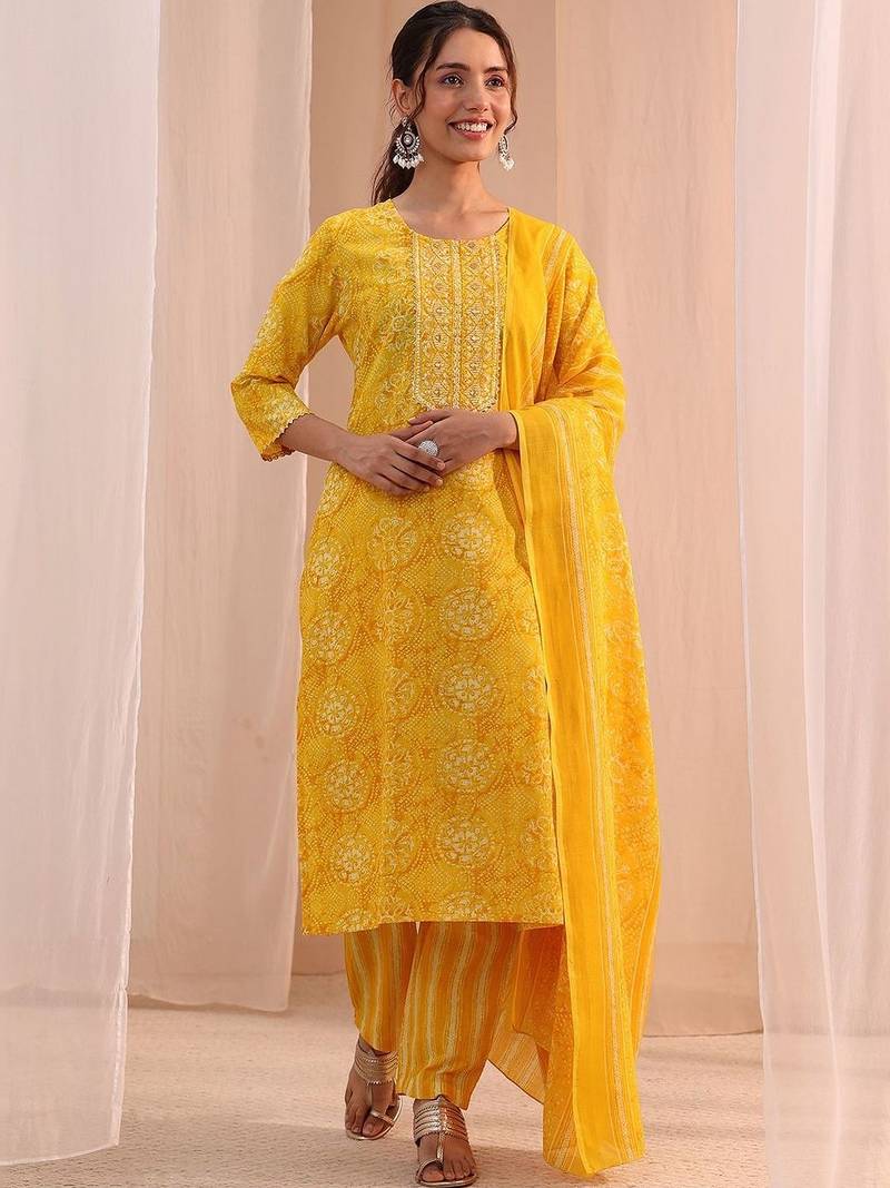 women ethnic motifs printed regular mirror work kurta with trousers & with dupatta
