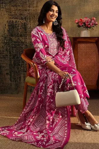 rani pink floral printed cotton blend straight suit set