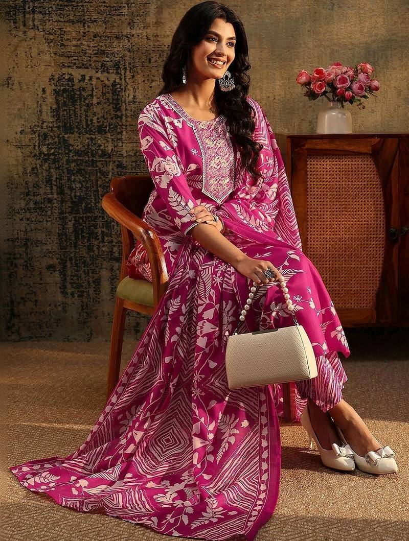 rani pink floral printed cotton blend straight suit set