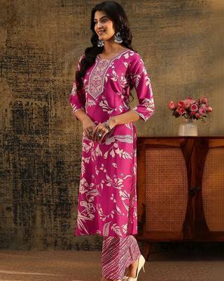 rani pink floral printed cotton blend straight suit set 2
