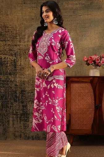 rani pink floral printed cotton blend straight suit set