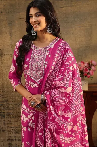 rani pink floral printed cotton blend straight suit set