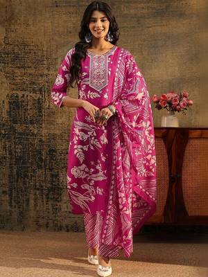 rani pink floral printed cotton blend straight suit set 4
