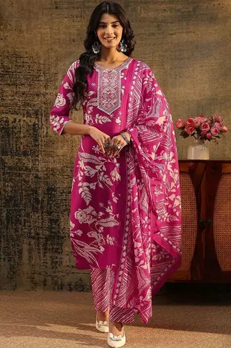 rani pink floral printed cotton blend straight suit set