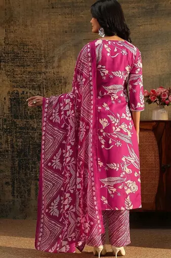 rani pink floral printed cotton blend straight suit set