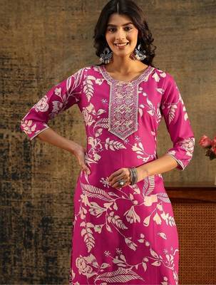 rani pink floral printed cotton blend straight suit set 6