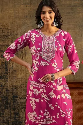 rani pink floral printed cotton blend straight suit set