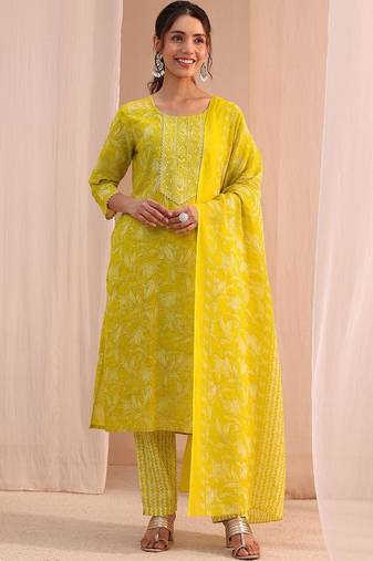 women floral printed regular thread work kurta with trousers & with dupatta